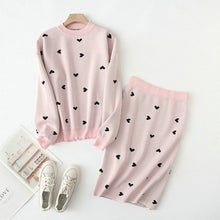 Load image into Gallery viewer, Tangada korea chic heart pattern knitted suit women skirt set autumn winter   knitted suit 2 piece set sweet top and skirt YU14